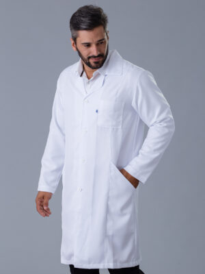 Jaleco Masculino Branco Manga Longa Com Gola Esporte Gabardine Alto Padrão Bolso Corte Faca