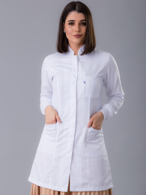 Jaleco Feminino Branco Manga Longa Com Gola Padre e Punho Gabardine