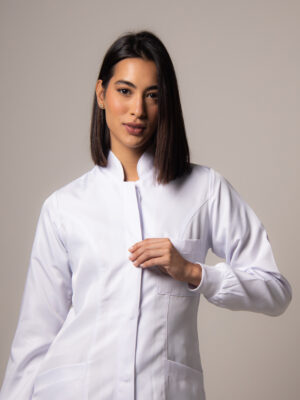 Jaleco Feminino Branco Manga Longa Com Gola Padre e Punho Gabardine