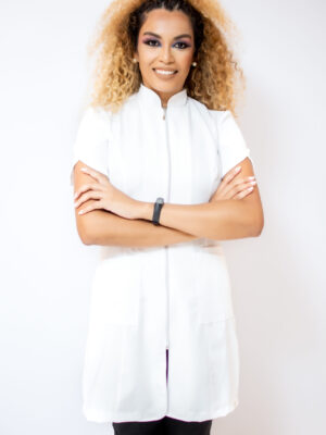 Jaleco Feminino Branco Acinturado Manga Curta Tulipa Zíper