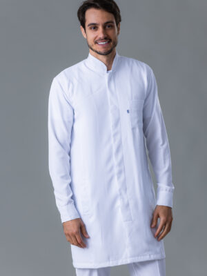 Jaleco Masculino Branco Manga Longa Com Gola Padre Slim Fit Em Gabardine