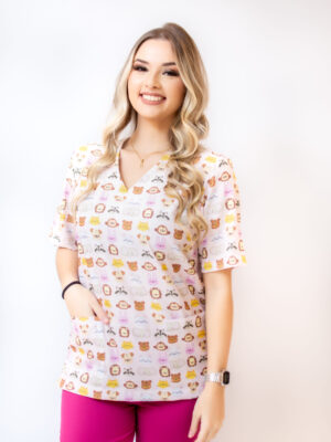 Blusa Scrub de Pijama Cirúrgico Estampado Unissex - Bichinhos