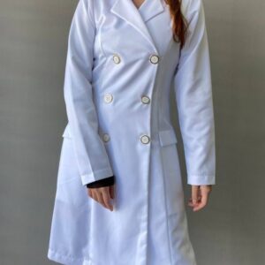 Jaleco Feminino Branco Acinturado Botões Dourados Gabardine Microfibra Pesada