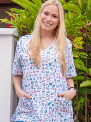 Blusa Scrub de Pijama Cirúrgico Estampado Unissex - Dentinhos Fundo Branco