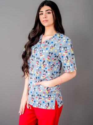 Blusa Scrub de Pijama Cirúrgico Estampado Unissex Oxfordine - Mickey Fundo Cinza