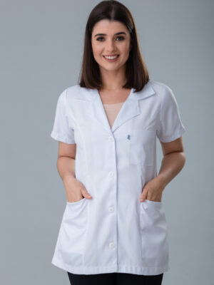 Jaleco Feminino Acinturado Manga Curta Gabardine