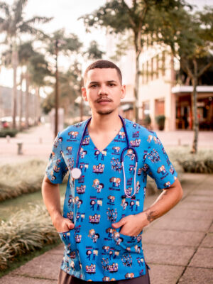 Blusa Scrub de Pijama Cirúrgico Estampado Unissex - Grey's Anatomy Azul