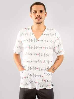 Blusa Scrub de Pijama Cirúrgico Estampado Unissex- Batimentos Cardíacos Fundo Branco
