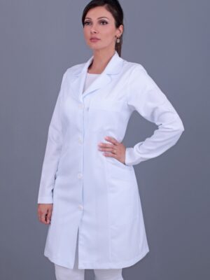 Jaleco Feminino Branco Acinturado Gola Borboleta Gabardine Twill Com Tirinhas Trançadas