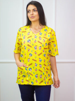 Blusa Scrub de Pijama Cirúrgico Estampado Unissex - Mônica fundo amarelo