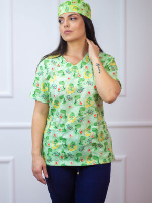Blusa Scrub de Pijama Cirúrgico Estampado Unissex - Dino