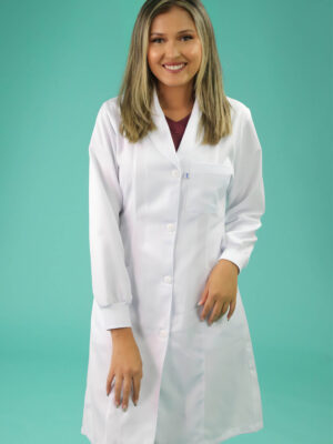 Jaleco Feminino Gola Xale Gabardine Acinturado Manga Longa com Punho