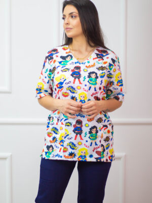 Blusa Scrub de Pijama Cirúrgico Estampado Unissex - Heróis