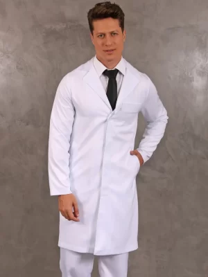 Jaleco Masculino Branco Manga Longa Slim Bolso Embutido Botão Oculto Gabardine Microfibra Pesada