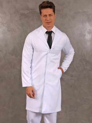 Jaleco Masculino Branco Manga Longa Slim Bolso Embutido Botão Oculto Gabardine Microfibra Pesada