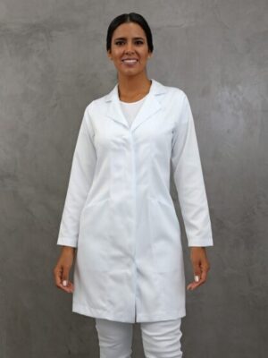 Jaleco Feminino Branco Acinturado Botão Oculto Gabardine Microfibra Pesada