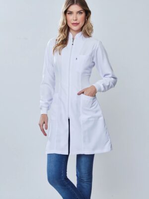 Jaleco Feminino Acinturado Gabardine Gola Padre Com Zíper