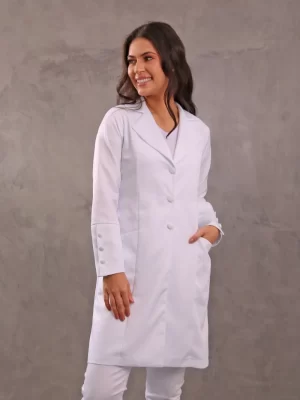 Jaleco Feminino Branco Acinturado Botões Encapados Gabardine Microfibra Pesada