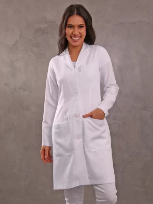 Jaleco Bolso Embutido Feminino Branco Acinturado Gabardine Microfibra Leve