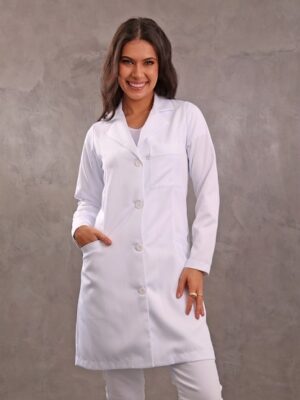 Jaleco Bolso Faca Feminino Branco Acinturado Gabardine Microfibra Pesada