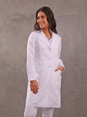 Jaleco Feminino Branco Acinturado Botões Encapados Gabardine Microfibra Pesada