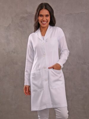 Jaleco Bolso Embutido Feminino Branco Acinturado Gabardine Microfibra Leve