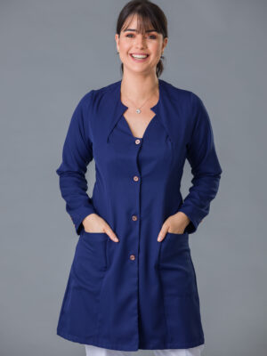 Jaleco Feminino Manga Longa Gabardine Decote Transpassado Azul Marinho