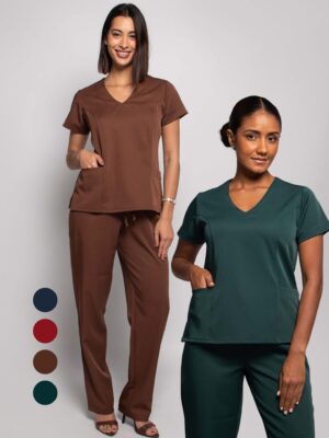 Conjunto Scrub Feminino Gabardine Two Way Azul Marinho/ Rubi/ Marrom/ Botanical